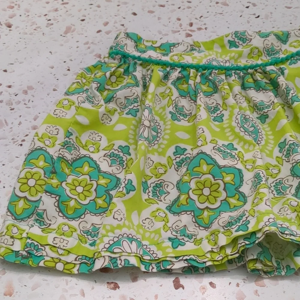 Cherokee | Turquoise and Lime Print Skirt with Baby Pom Trim | 4T